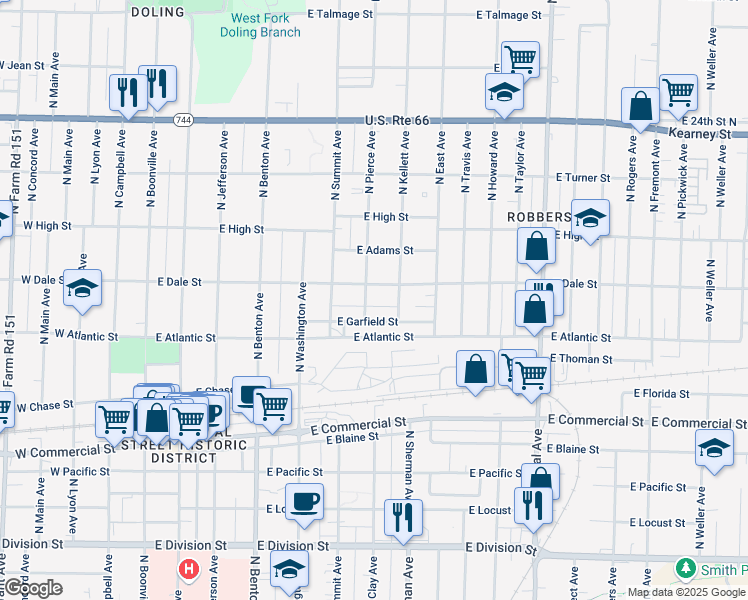 map of restaurants, bars, coffee shops, grocery stores, and more near 2040 North Pierce Avenue in Springfield