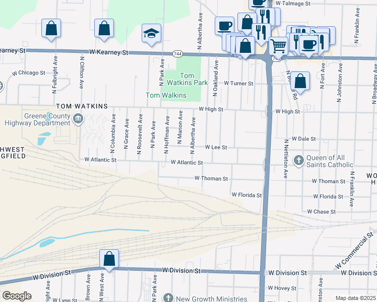 map of restaurants, bars, coffee shops, grocery stores, and more near 2006 West Lee Street in Springfield