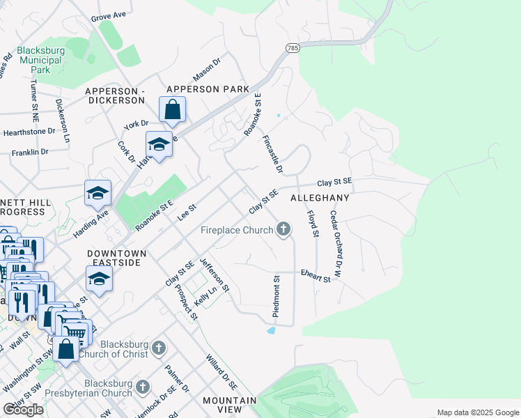 map of restaurants, bars, coffee shops, grocery stores, and more near 400 Alleghany Street in Blacksburg
