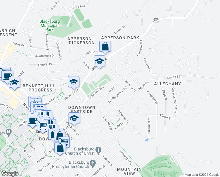 map of restaurants, bars, coffee shops, grocery stores, and more near 709 Lee Street in Blacksburg