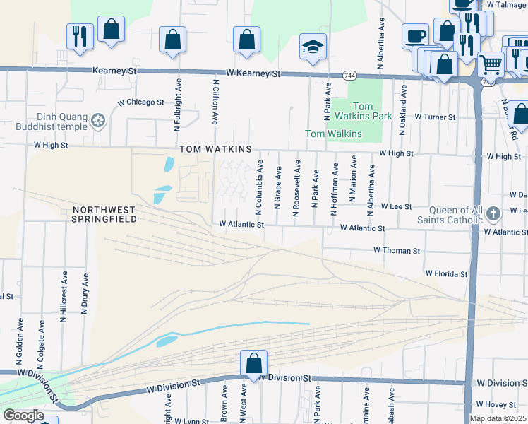 map of restaurants, bars, coffee shops, grocery stores, and more near 2421 West Atlantic Street in Springfield