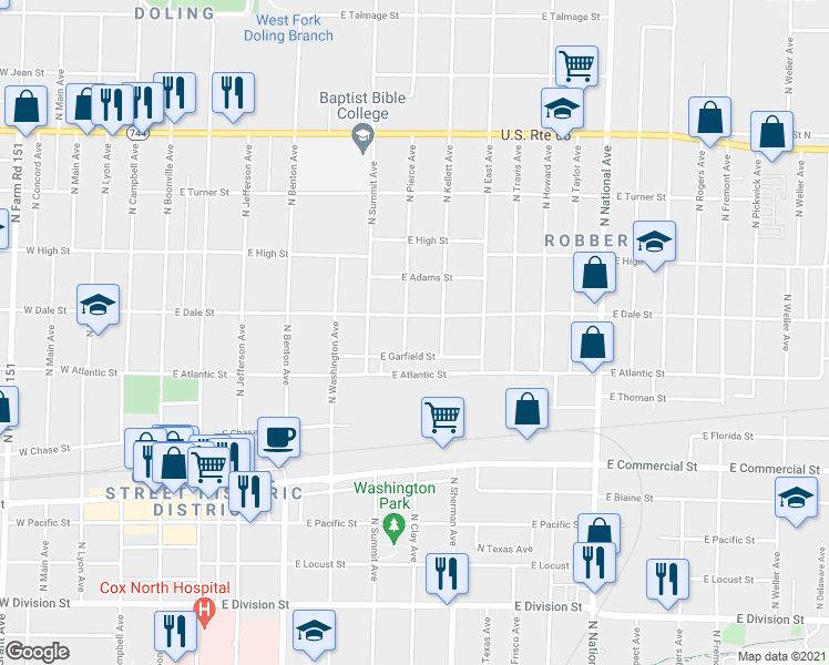 map of restaurants, bars, coffee shops, grocery stores, and more near 2040 North Pierce Avenue in Springfield