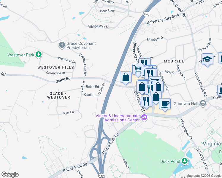 map of restaurants, bars, coffee shops, grocery stores, and more near U.S. 460 in Blacksburg