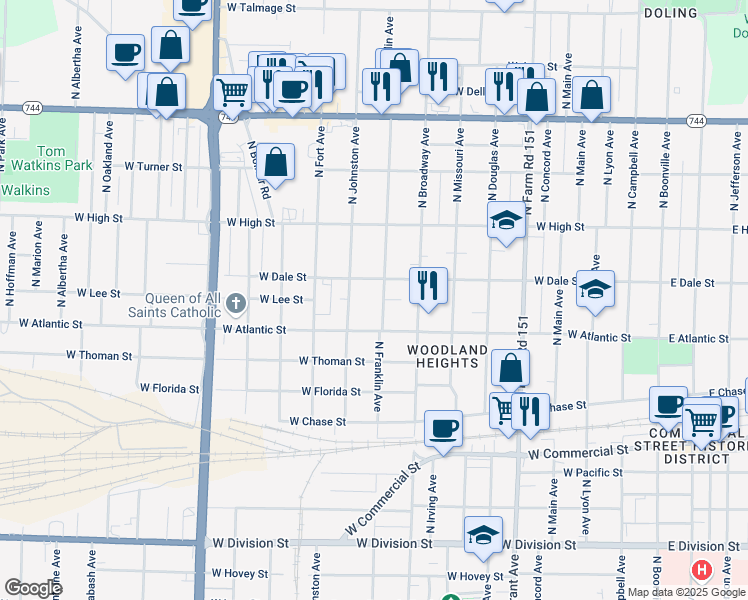 map of restaurants, bars, coffee shops, grocery stores, and more near 2035 N Franklin Ave in Springfield