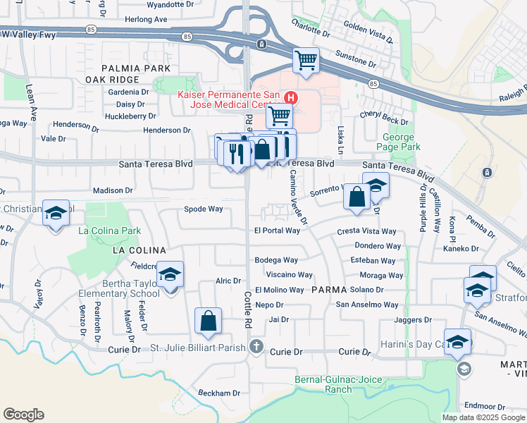 map of restaurants, bars, coffee shops, grocery stores, and more near 6192 Cottle Road in San Jose