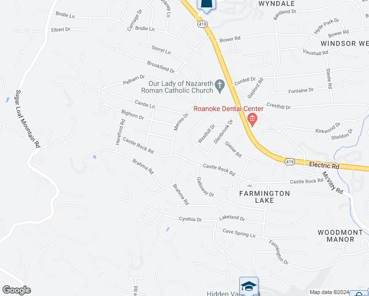 map of restaurants, bars, coffee shops, grocery stores, and more near 5613 Castle Rock Road in Roanoke