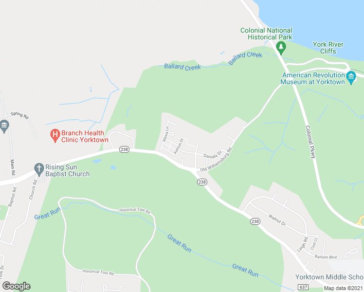 map of restaurants, bars, coffee shops, grocery stores, and more near 206 Ashton Drive in Yorktown