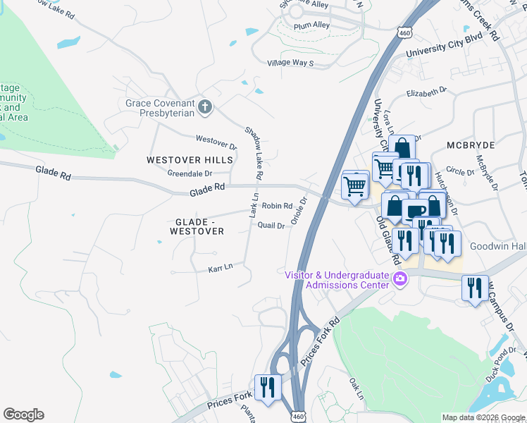 map of restaurants, bars, coffee shops, grocery stores, and more near 1103 Robin Road in Blacksburg