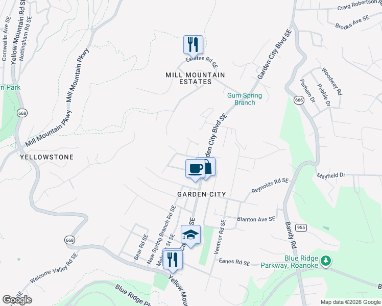 map of restaurants, bars, coffee shops, grocery stores, and more near 1130 Gearhart Road Southeast in Roanoke