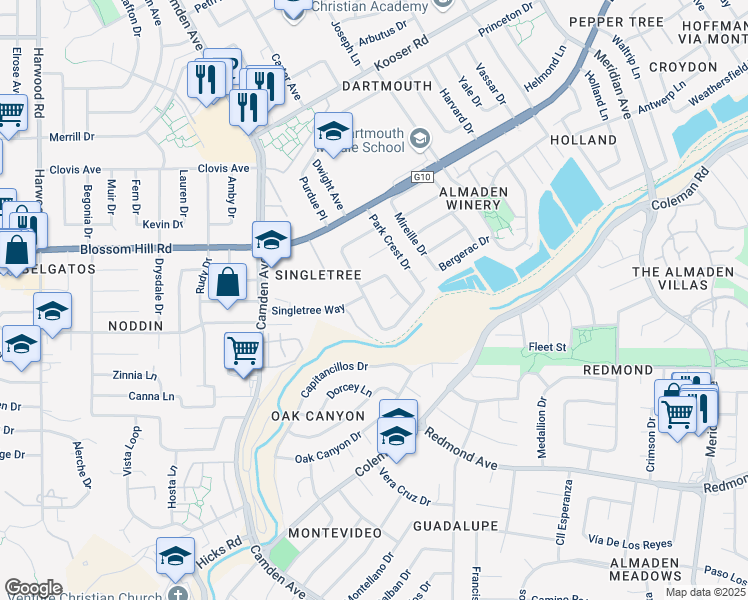 map of restaurants, bars, coffee shops, grocery stores, and more near 5705 Park Manor Drive in San Jose