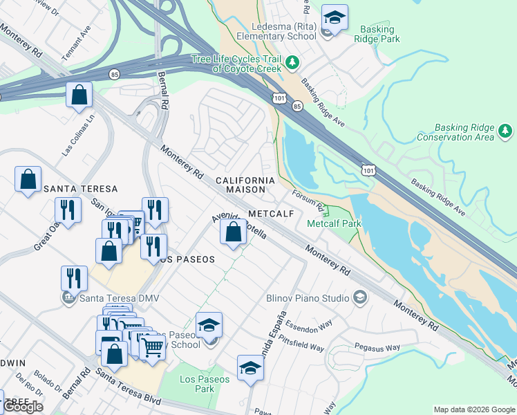 map of restaurants, bars, coffee shops, grocery stores, and more near 7003 Rodling Drive in San Jose