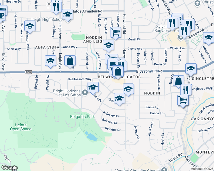 map of restaurants, bars, coffee shops, grocery stores, and more near 140 Belwood Court in Los Gatos