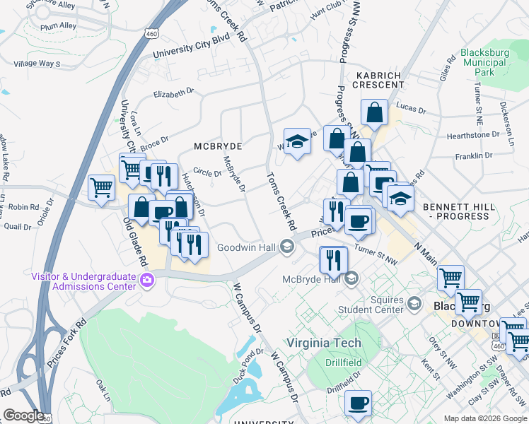 map of restaurants, bars, coffee shops, grocery stores, and more near 704 Toms Creek Road in Blacksburg