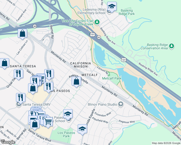 map of restaurants, bars, coffee shops, grocery stores, and more near 7011 Menard Drive in San Jose