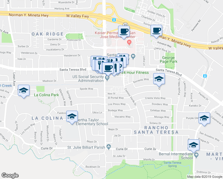 map of restaurants, bars, coffee shops, grocery stores, and more near 6192 Cottle Road in San Jose