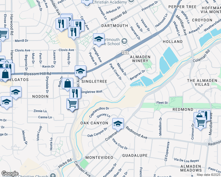 map of restaurants, bars, coffee shops, grocery stores, and more near 5705 Park Manor Drive in San Jose