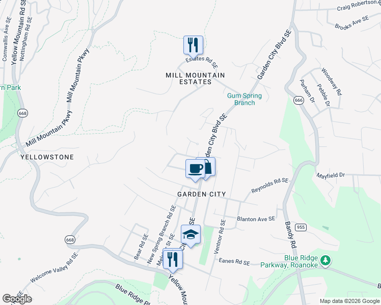 map of restaurants, bars, coffee shops, grocery stores, and more near 1130 Gearhart Road Southeast in Roanoke