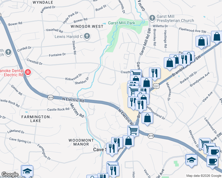 map of restaurants, bars, coffee shops, grocery stores, and more near 4045 Postal Drive in Cave Spring