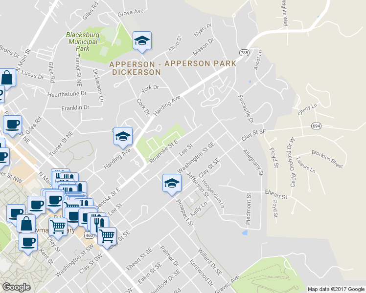 map of restaurants, bars, coffee shops, grocery stores, and more near 712 Lee Street in Blacksburg