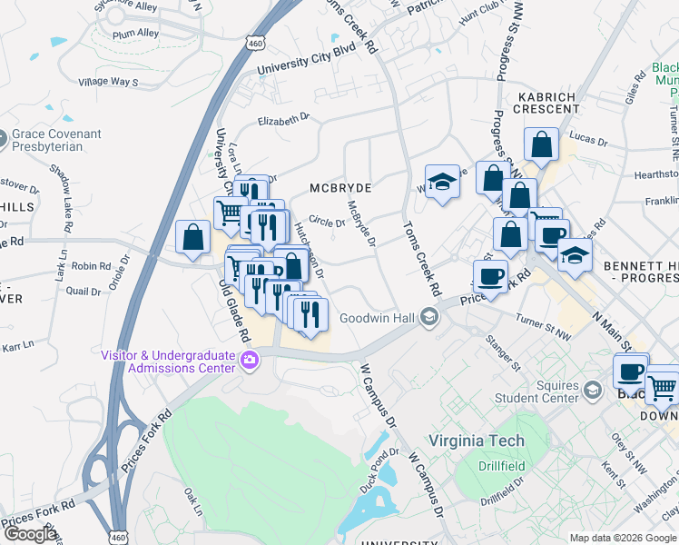 map of restaurants, bars, coffee shops, grocery stores, and more near 709 Barringer Dr in Blacksburg