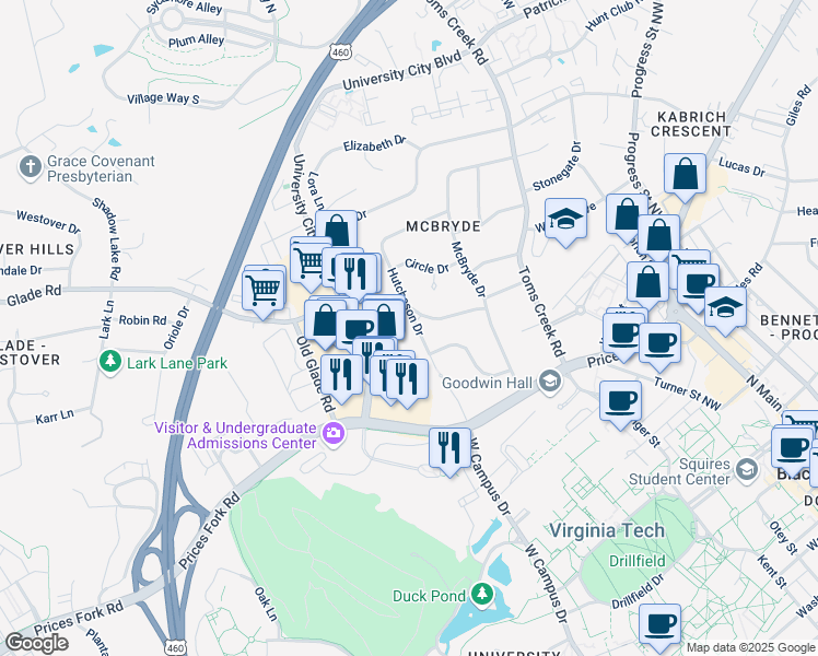 map of restaurants, bars, coffee shops, grocery stores, and more near 709 Hutcheson Drive in Blacksburg
