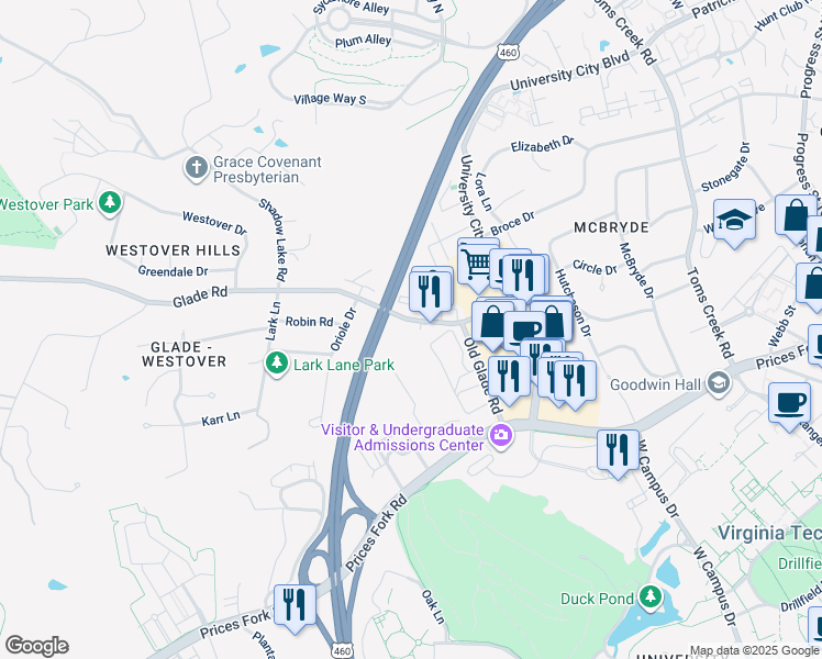 map of restaurants, bars, coffee shops, grocery stores, and more near 813 Glade Rd in Blacksburg