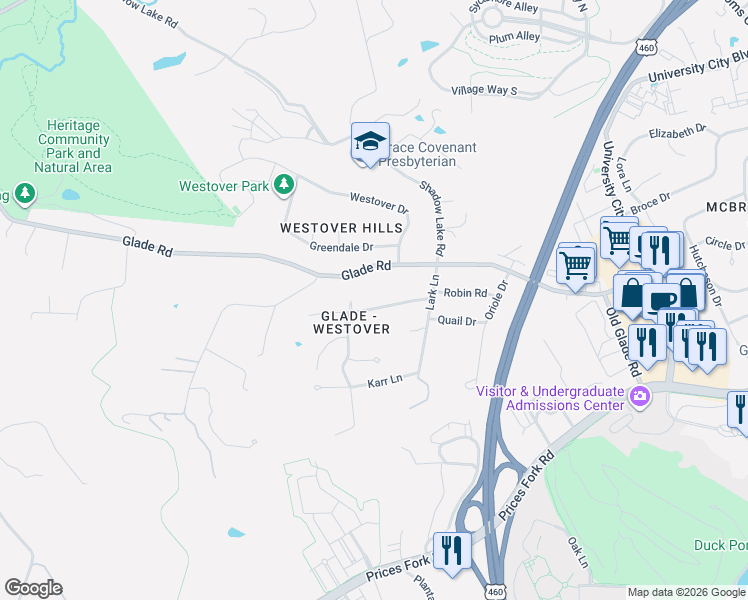 map of restaurants, bars, coffee shops, grocery stores, and more near 1300 Gladewood Drive in Blacksburg