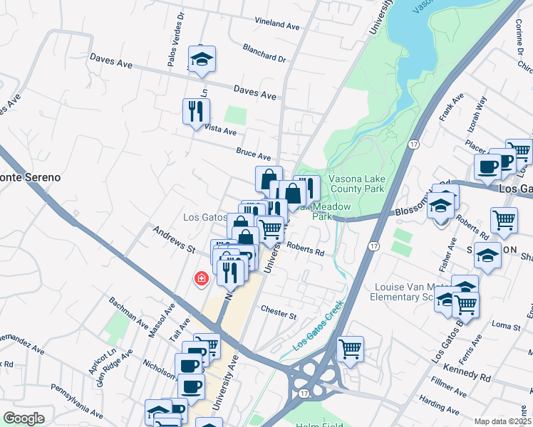 map of restaurants, bars, coffee shops, grocery stores, and more near 615 North Santa Cruz Avenue in Los Gatos