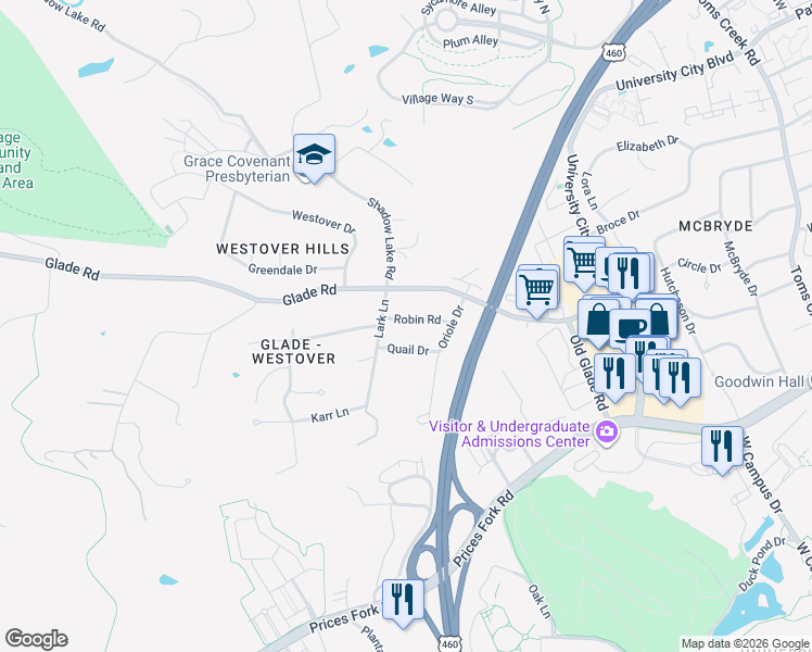 map of restaurants, bars, coffee shops, grocery stores, and more near 1103 Robin Road in Blacksburg