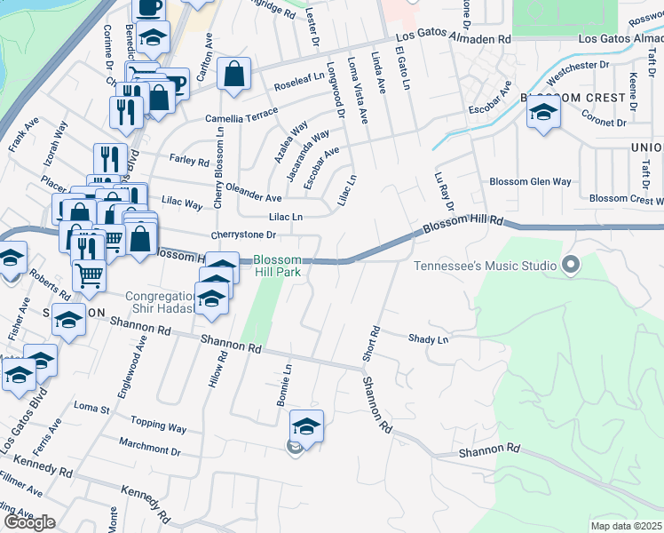 map of restaurants, bars, coffee shops, grocery stores, and more near 103 Atwood Court in Los Gatos