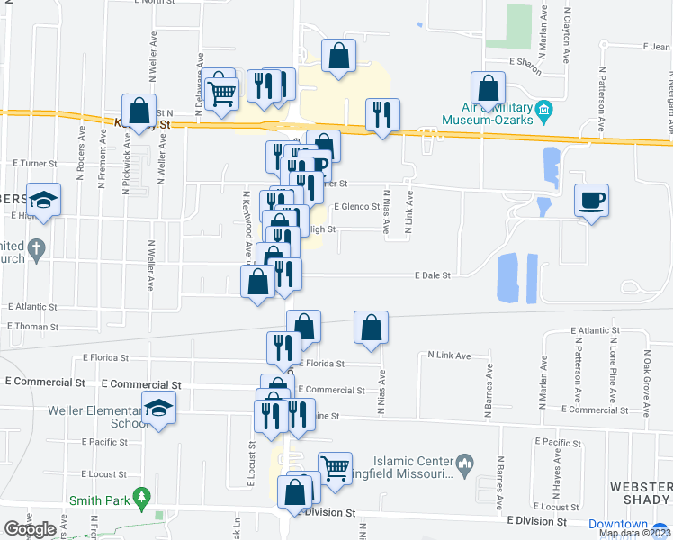 map of restaurants, bars, coffee shops, grocery stores, and more near 1861 East Dale Street in Springfield