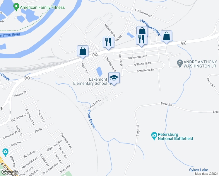 map of restaurants, bars, coffee shops, grocery stores, and more near 44 Gibbons Avenue in Petersburg