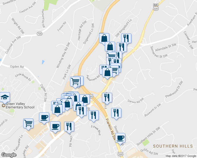 map of restaurants, bars, coffee shops, grocery stores, and more near 3730 Parliament Road Southwest in Roanoke