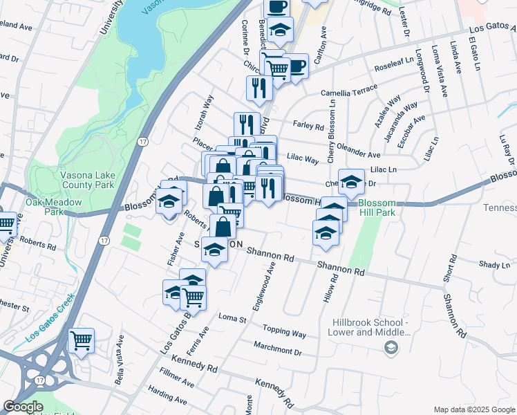 map of restaurants, bars, coffee shops, grocery stores, and more near 750 Blossom Hill Rd in Los Gatos