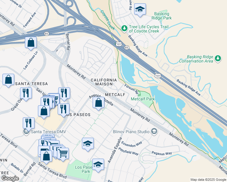 map of restaurants, bars, coffee shops, grocery stores, and more near 7009 Rodling Drive in San Jose