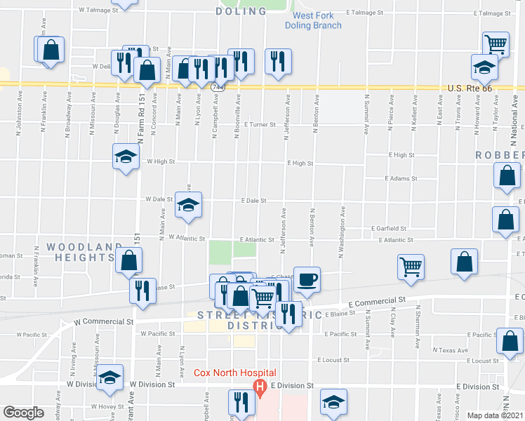 map of restaurants, bars, coffee shops, grocery stores, and more near 2048 North Robberson Avenue in Springfield