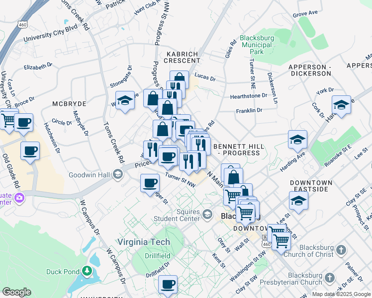 map of restaurants, bars, coffee shops, grocery stores, and more near 700 North Main Street in Blacksburg