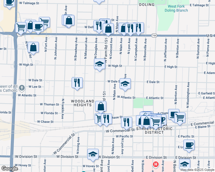 map of restaurants, bars, coffee shops, grocery stores, and more near 2033 North Main Avenue in Springfield