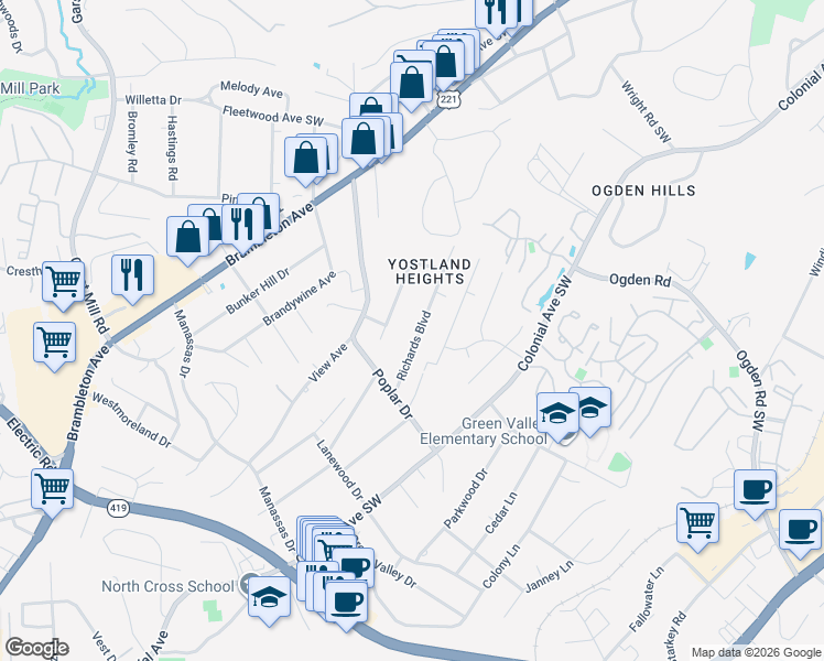 map of restaurants, bars, coffee shops, grocery stores, and more near 3474 Richards Boulevard in Cave Spring