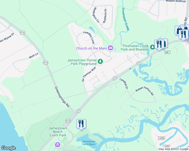 map of restaurants, bars, coffee shops, grocery stores, and more near 2500 Burrows Court in Williamsburg
