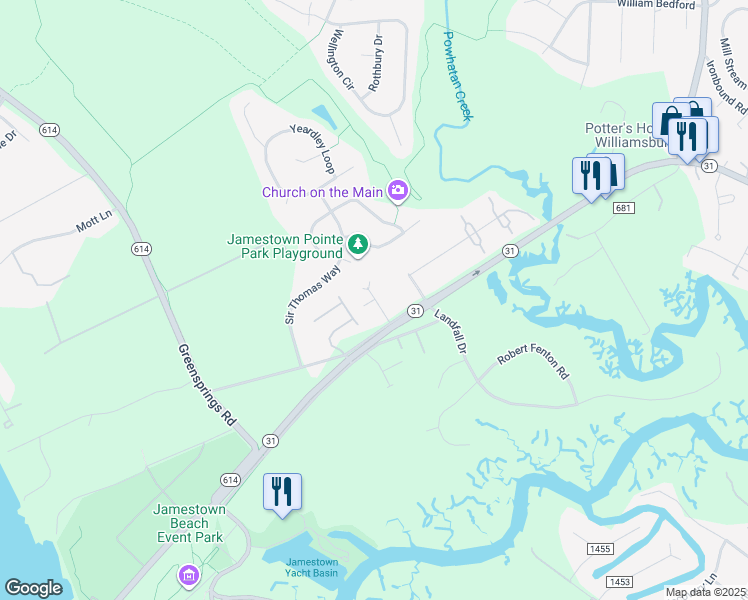 map of restaurants, bars, coffee shops, grocery stores, and more near 105 Cardinal Acres Drive in Williamsburg
