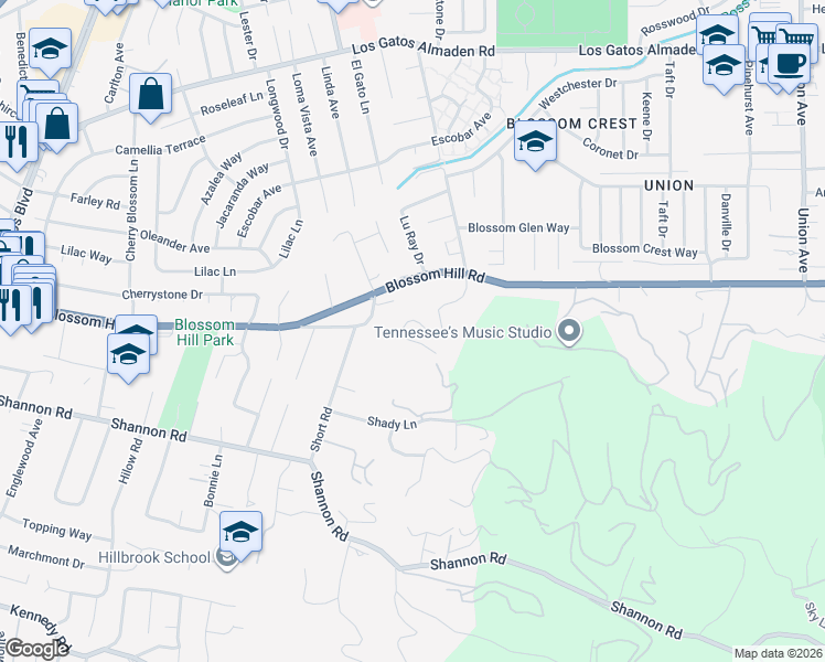 map of restaurants, bars, coffee shops, grocery stores, and more near 16030 Camino Del Cerro in Los Gatos