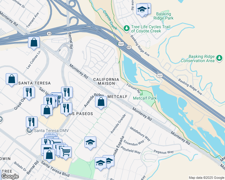 map of restaurants, bars, coffee shops, grocery stores, and more near 6995 Rodling Drive in San Jose