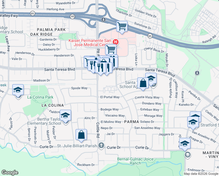 map of restaurants, bars, coffee shops, grocery stores, and more near 6155 Camino Verde Drive in San Jose