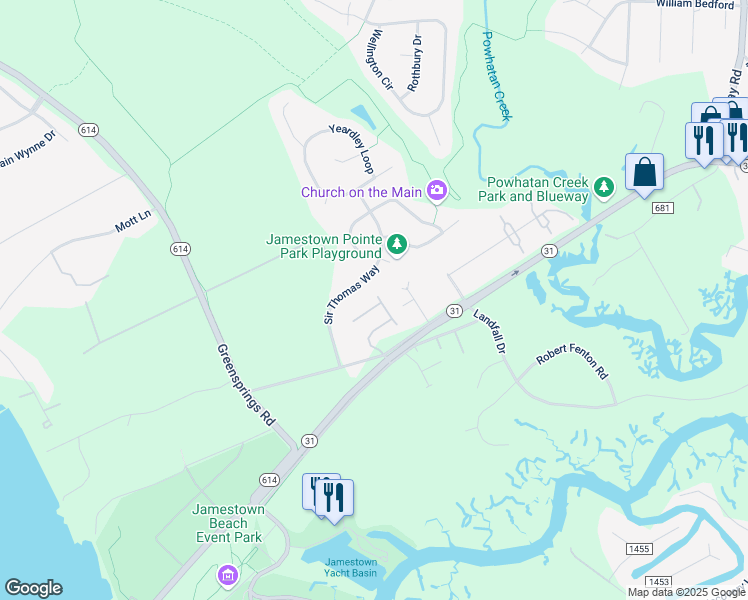 map of restaurants, bars, coffee shops, grocery stores, and more near 2500 Burrows Court in Williamsburg