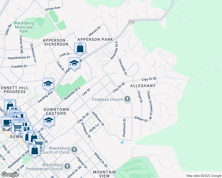 map of restaurants, bars, coffee shops, grocery stores, and more near 315-371 Piedmont St in Blacksburg
