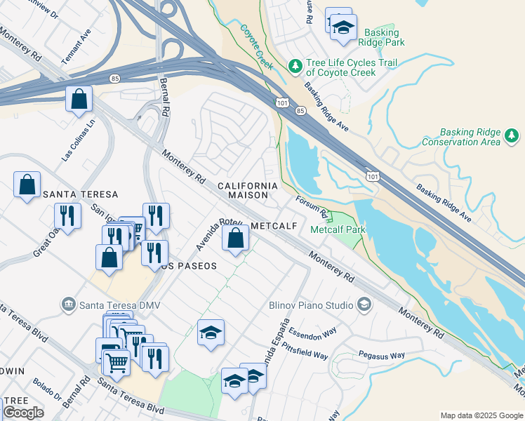 map of restaurants, bars, coffee shops, grocery stores, and more near 7003 Rodling Drive in San Jose