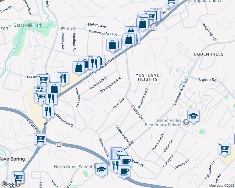 map of restaurants, bars, coffee shops, grocery stores, and more near 3428 Potomac Avenue in Roanoke