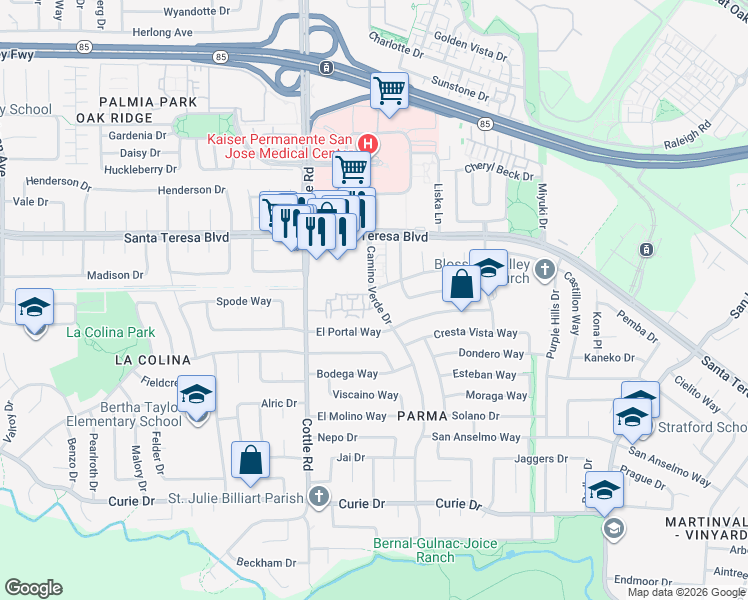 map of restaurants, bars, coffee shops, grocery stores, and more near 6171 Camino Verde Drive in San Jose