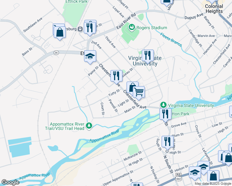 map of restaurants, bars, coffee shops, grocery stores, and more near 3409 Totty Street in Ettrick